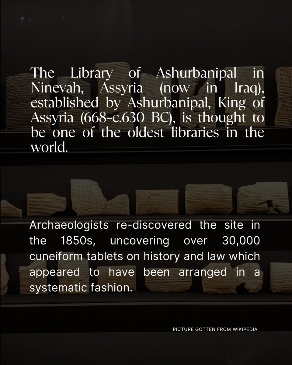 libraryaidafric's tweet photo. Have you ever wondered what the oldest library in the world is?
Fun fact! It dates back to the 7th century BC.
Swipe to learn more about the Library of Ashurbanipal.
#libraryfunfact #oldestlibrary https://t.co/40Ll8rImaD