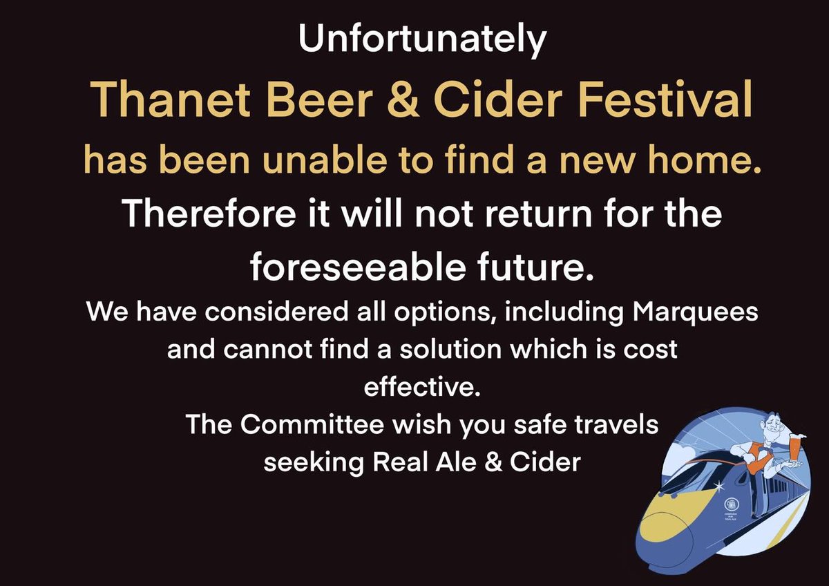 THREAD: Sad to hear @ThanetCAMRA Beer & Cider Festival has struggled to find a new home. A unique event combining a more diverse demographic, seaside sun and sand, local food heroes and street food, music + well kept cask and keg beers. Organised by a truly lovely group of people