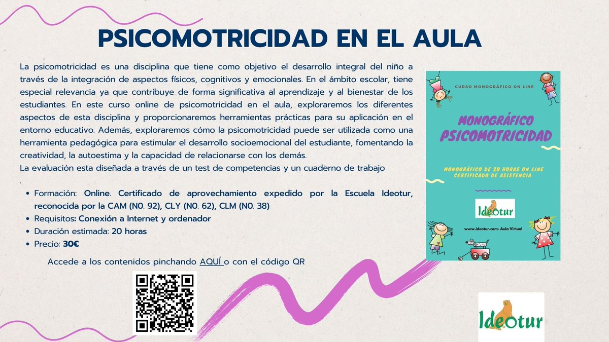 IDEOTUR's tweet photo. Psicomotricidad en el Aula. 20 horas 100% Online. Precio 30€ 
A tu ritmo y marcando tus horarios. 
https://t.co/9wO85iWRg1
#formación #formaciónonline #PSICOMOTRICIDAD #aula #escuelaideotur #juventud #monitordecampamento https://t.co/C8AQ2Undfb