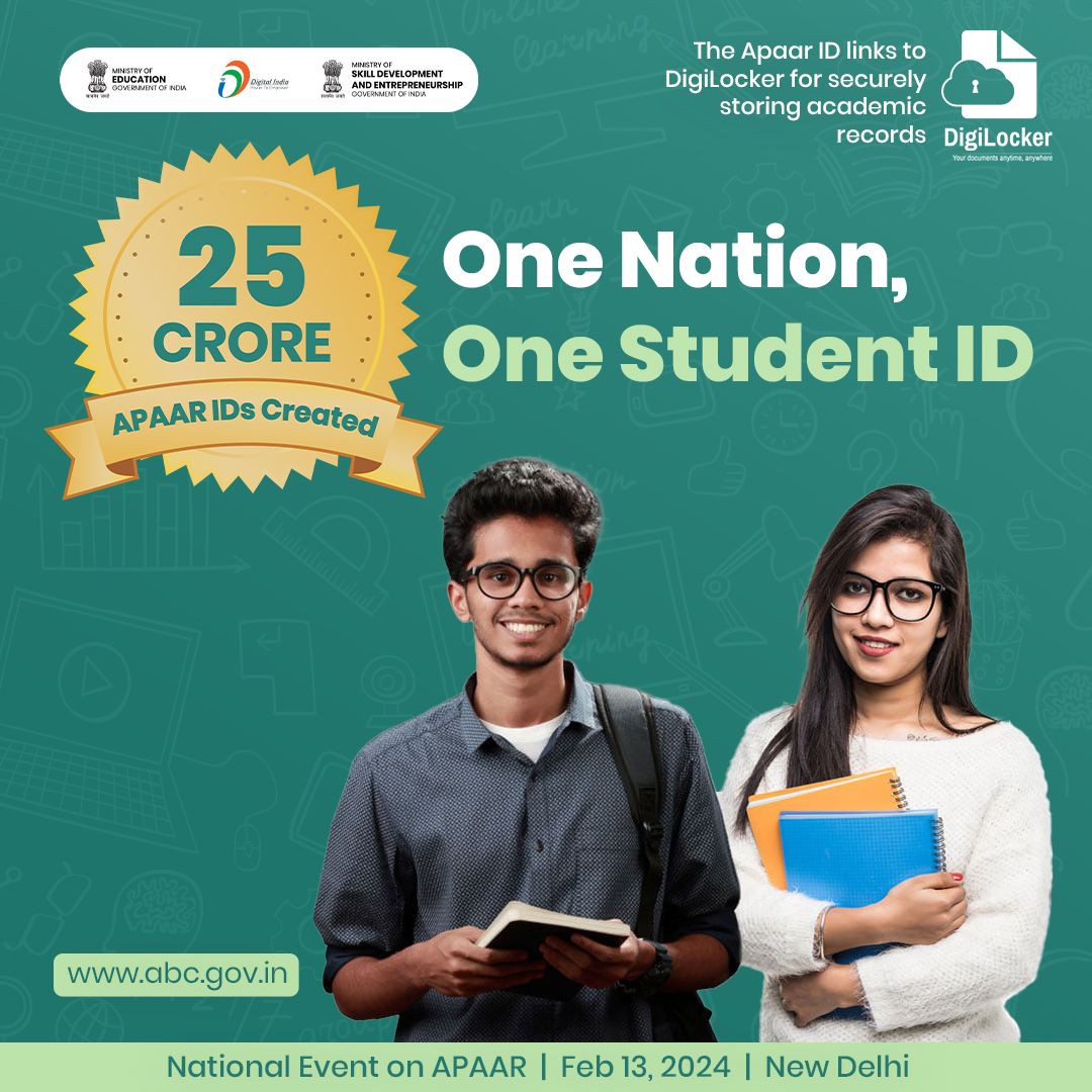 _DigitalIndia's tweet image. 🚀 Celebrating a significant milestone! 

📲 #APAAR initiative proudly announces the creation of 25 Crore + APAAR IDs.

🌟 National Event on APAAR | New Delhi | Feb 13
#LIVE at youtube.com/DigitalIndiaof…
Visit abc.gov.in

#OneNationOneStudentID #DigitalIndia…