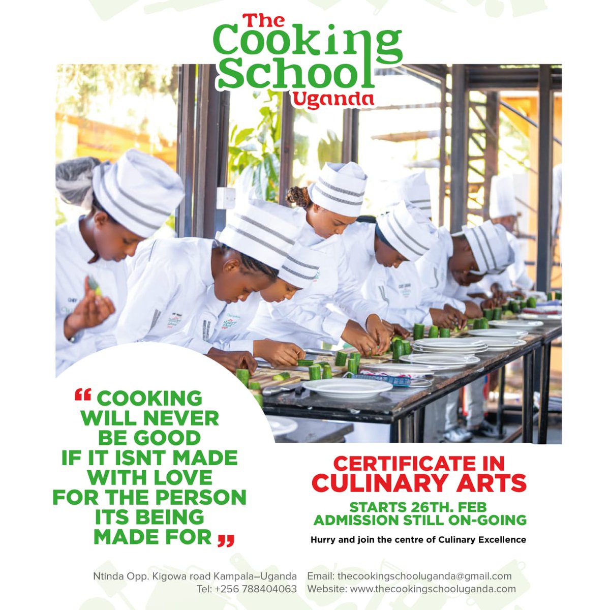 tcs_ug's tweet image. Certificate in  Culinary Arts. Classes start on 26th February. Enroll now!  

We are Located in Ntinda - Opposite Kigowa Road next to Dembe city complex!  For more information please call / WhatsApp 0750848250

#Cooking #recipes #culinaryschool