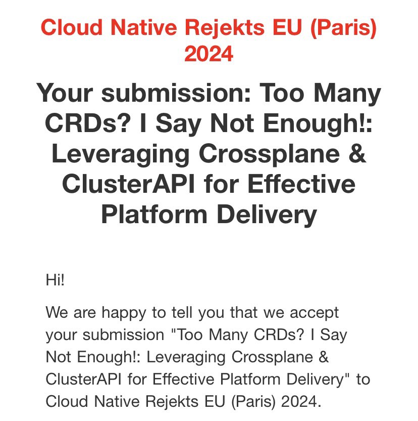 mestredelpino's tweet image. I’m over the moon after finding out that I will be presenting at @rejektsio! Come join to learn more about @crossplane_io, #ClusterAPI, and how you can leverage them for effective platform delivery and provisioning!