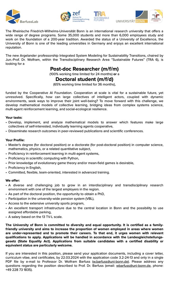 I’ll recruit a researcher (pre- or post-doc) to join my team at Uni Bonn to explore the dynamics of collective, cooperative intelligence. Check out the details or forward the ad (deadline 22.03.2024): wbarfuss.github.io/join/