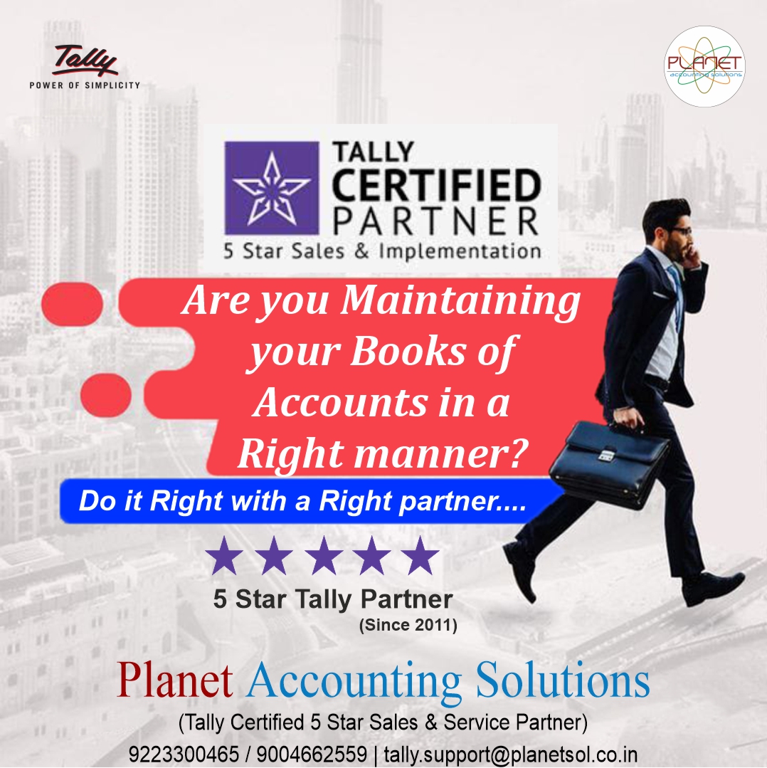 : '5 Star Certified Tally Partner';
TallyPrime, A Business Software that Simplifies
Your Life So You Can Focus On Growth.
Call Now : 9223300465 / 9004662559
#tallyprime4dot0 #tallyprime4 #5starcertifiedtallypartner #SimplyProfessional  #tssrenewal #planetaccountingsolutions