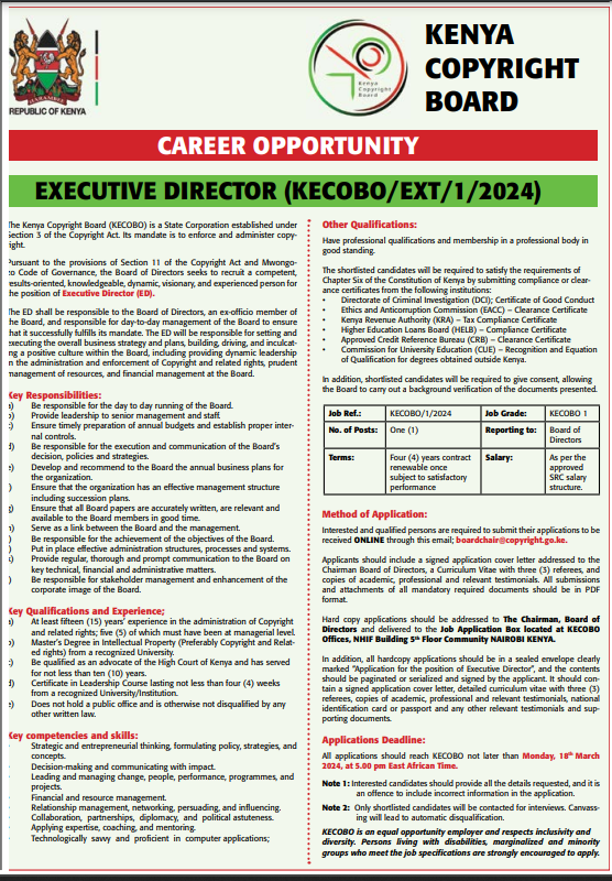 VACANCY: Executive Director at <a href="/KenyaCopyright/">Kenya Copyright Board</a>. See poster below for details. Deadline: 18 March 2024 copyright.go.ke/about-us/caree… #Copyright #Law #Administration #Kenya #Africa <a href="/kiped721/">EDWARD SIGEI</a> <a href="/Honjoshuakutuny/">Hon. Joshua Kutuny</a>