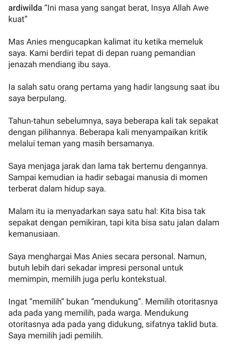 ardiwilda's tweet photo. Ada satu momen interaksi dgn Mas @aniesbaswedan yg akan selalu saya ingat. 

Saya coba merefleksikan pengalaman personal itu dan apa yg saya rasa kontekstual dlm pemilihan kali ini.

Semoga kebaikan selalu menyertai kita 🙂 https://t.co/l1o5wfPxHz