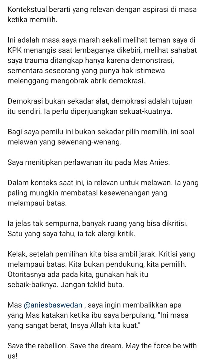 ardiwilda's tweet photo. Ada satu momen interaksi dgn Mas @aniesbaswedan yg akan selalu saya ingat. 

Saya coba merefleksikan pengalaman personal itu dan apa yg saya rasa kontekstual dlm pemilihan kali ini.

Semoga kebaikan selalu menyertai kita 🙂 https://t.co/l1o5wfPxHz