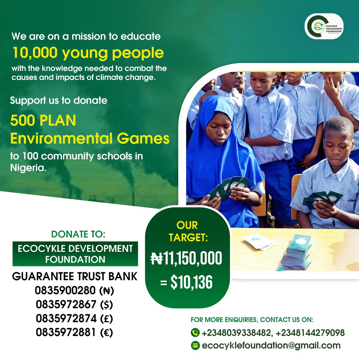 Your donation will groom the next generation of champions to combat climate change and save humanity. Donate today!! #Ecocykle #PLAN #PLANGame #ClimateActionNow @IHSTowers @UNDPNigeria @LEAPAfrica @EndeavorNigeria @SurgeAfricaOrg @SustyVibes @hbsNigeria @eet_foundation