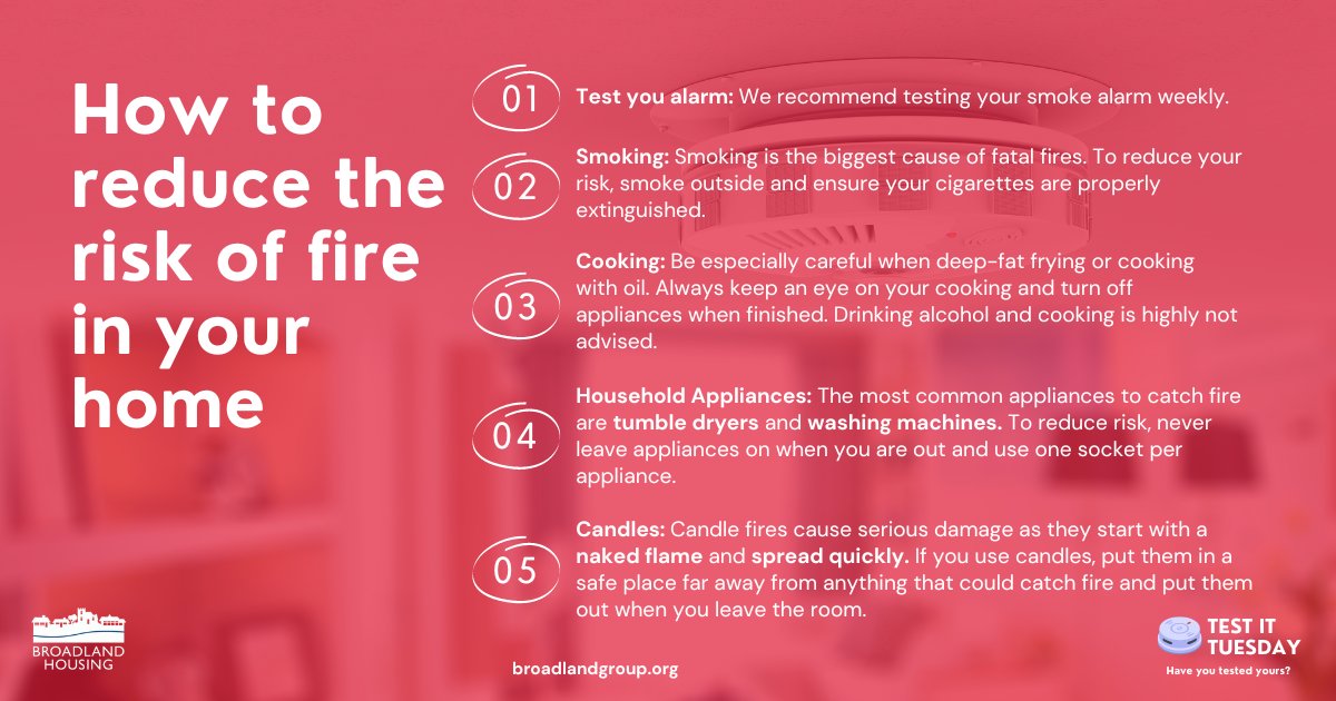 How to reduce the risk of fire in your home 🏡⬇️ Here are some top tips to reduce the risk of fire in your home! We strong recommend testing your smoke alarm weekly with #TestItTuesday ✅ For more information on fire safety visit bit.ly/48OjAX4 #SafeHome #FireSafety