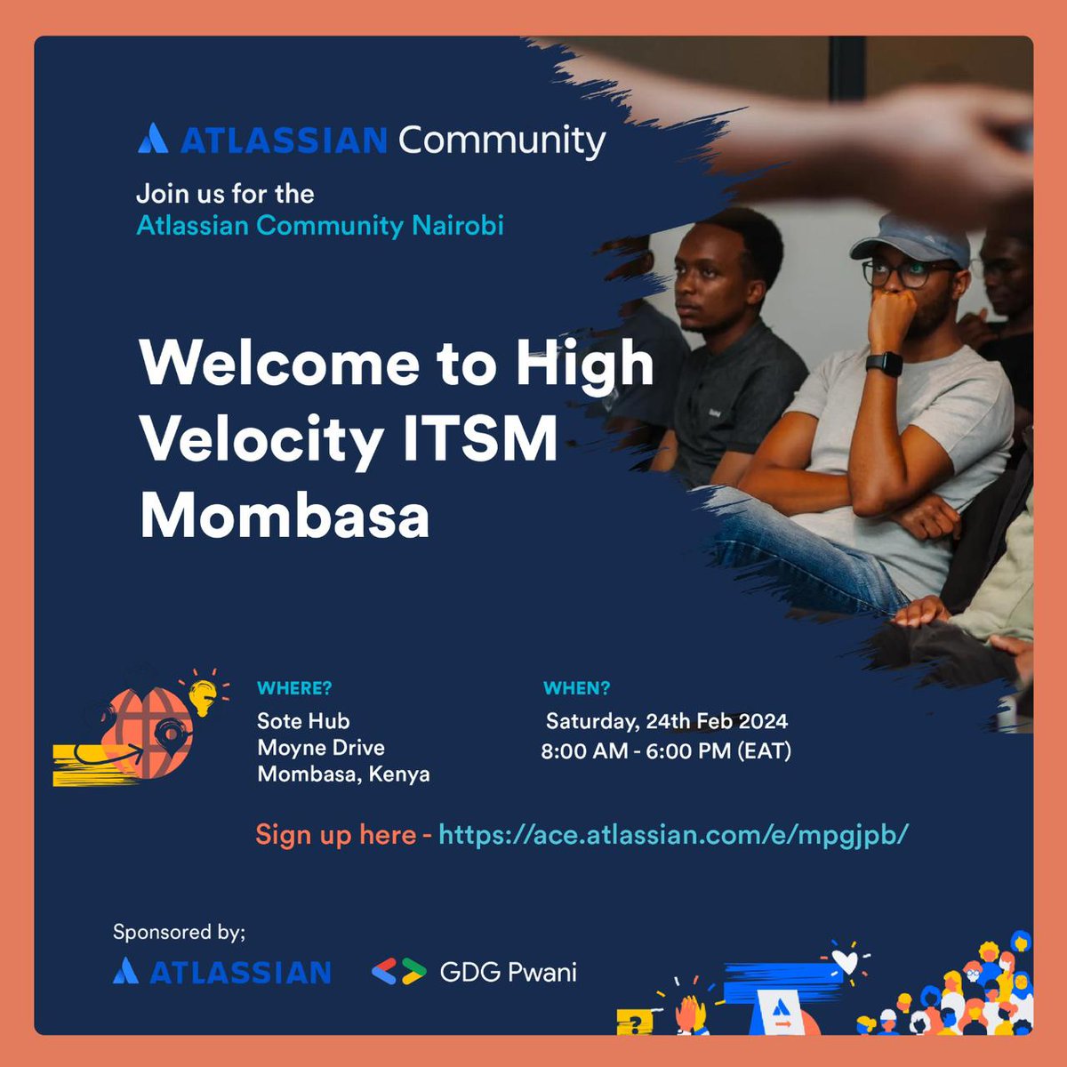 Join us on 24th Feb for Atlassian's High Velocity at Sote Hub, Mombasa! ️ Empower your teams w/ ITSM best practices &amp; live demos  by product leaders. Don't miss out!
Register: ace.atlassian.com/e/mpgjpb/
<a href="/m_k_global/">Michael Kimathi(MK™)</a>
#GDGPwani
