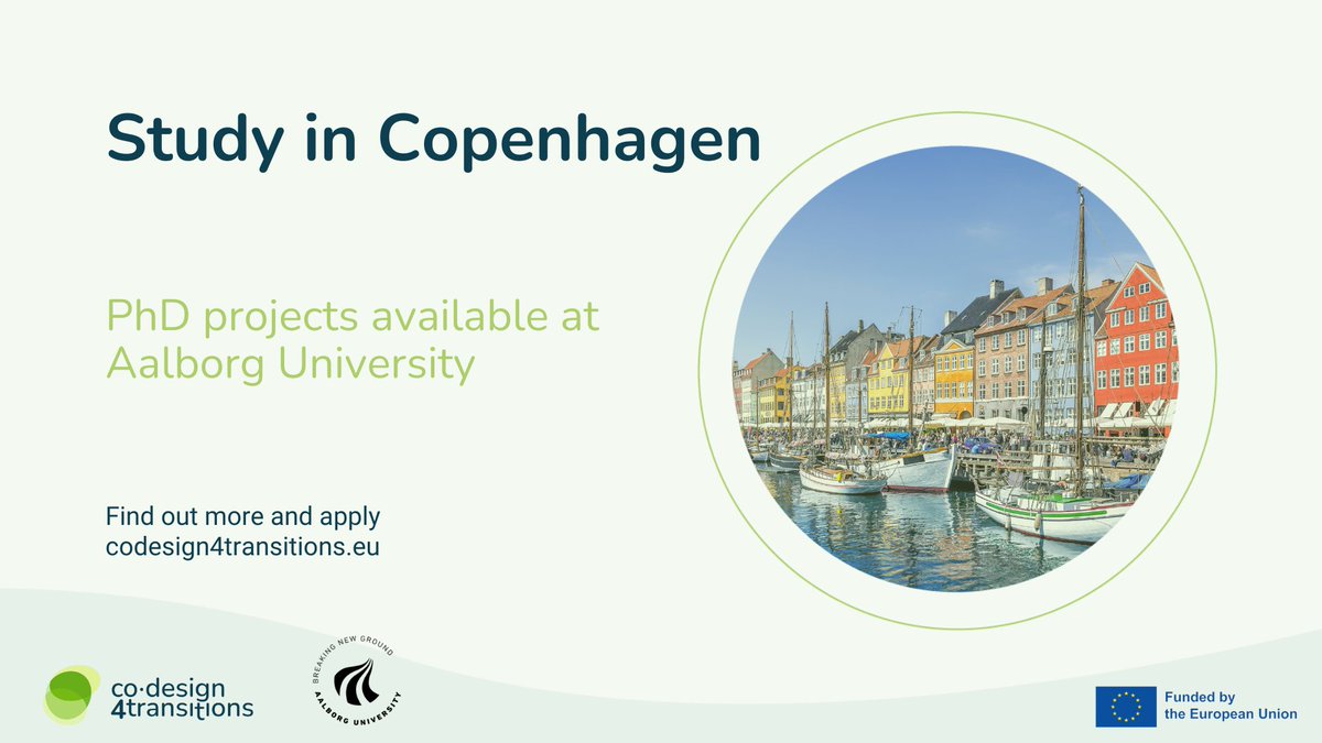 Study in #Copenhagen! We have #PhDJobs available in two departments at Aalborg University.
👉 codesign4transitions.eu/position/DC5/
👉 codesign4transitions.eu/position/DC6/
#CoDesign4Transitions @MSCActions #HorizonEurope #MSCA #DoctoralNetworks #denmarkjobs