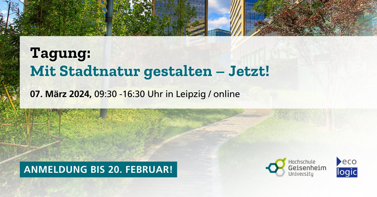 Tagung: Mit Stadtnatur gestalten – Jetzt!🏡🌳

Die Folgen von #Klimawandel &amp; Verlust der #Biodiversität verlangen schnelles Handeln –  auch von Städten. Diese Tagung stellt Chancen für mehr #Stadtnatur zur Diskussion.

Anmelden bis 20.02.👉forms.ecologic.eu/de/stadtnatur