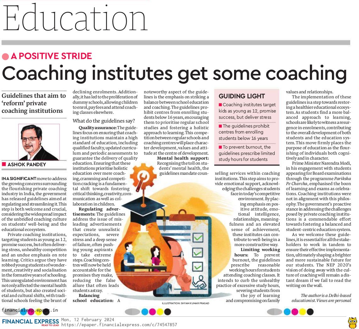 Ashok Pandey (@ashokkp) on Twitter photo The Govt has issued guidelines to streamline the proliferation of coaching institutes nationwide. My piece <a href="/FinancialXpress/">Financial Express</a>, Coaching Institutes Get Some Coaching
@VikramChaudhur2 <a href="/Francis_Joseph/">Francis Joseph</a> <a href="/WattalMulla/">Dr. Ameeta Mulla Wattal</a> <a href="/SudhaAcharya14/">Sudha Acharya</a> <a href="/rpgul/">RP Sir</a> <a href="/SDG4QEducation/">Learn SDG, SDG4, 4.7</a>
linkedin.com/posts/ashokkp_… The Govt has issued guidelines to streamline the proliferation of coaching institutes nationwide. My piece <a href="/FinancialXpress/">Financial Express</a>, Coaching Institutes Get Some Coaching
@VikramChaudhur2 <a href="/Francis_Joseph/">Francis Joseph</a> <a href="/WattalMulla/">Dr. Ameeta Mulla Wattal</a> <a href="/SudhaAcharya14/">Sudha Acharya</a> <a href="/rpgul/">RP Sir</a> <a href="/SDG4QEducation/">Learn SDG, SDG4, 4.7</a>
linkedin.com/posts/ashokkp_…