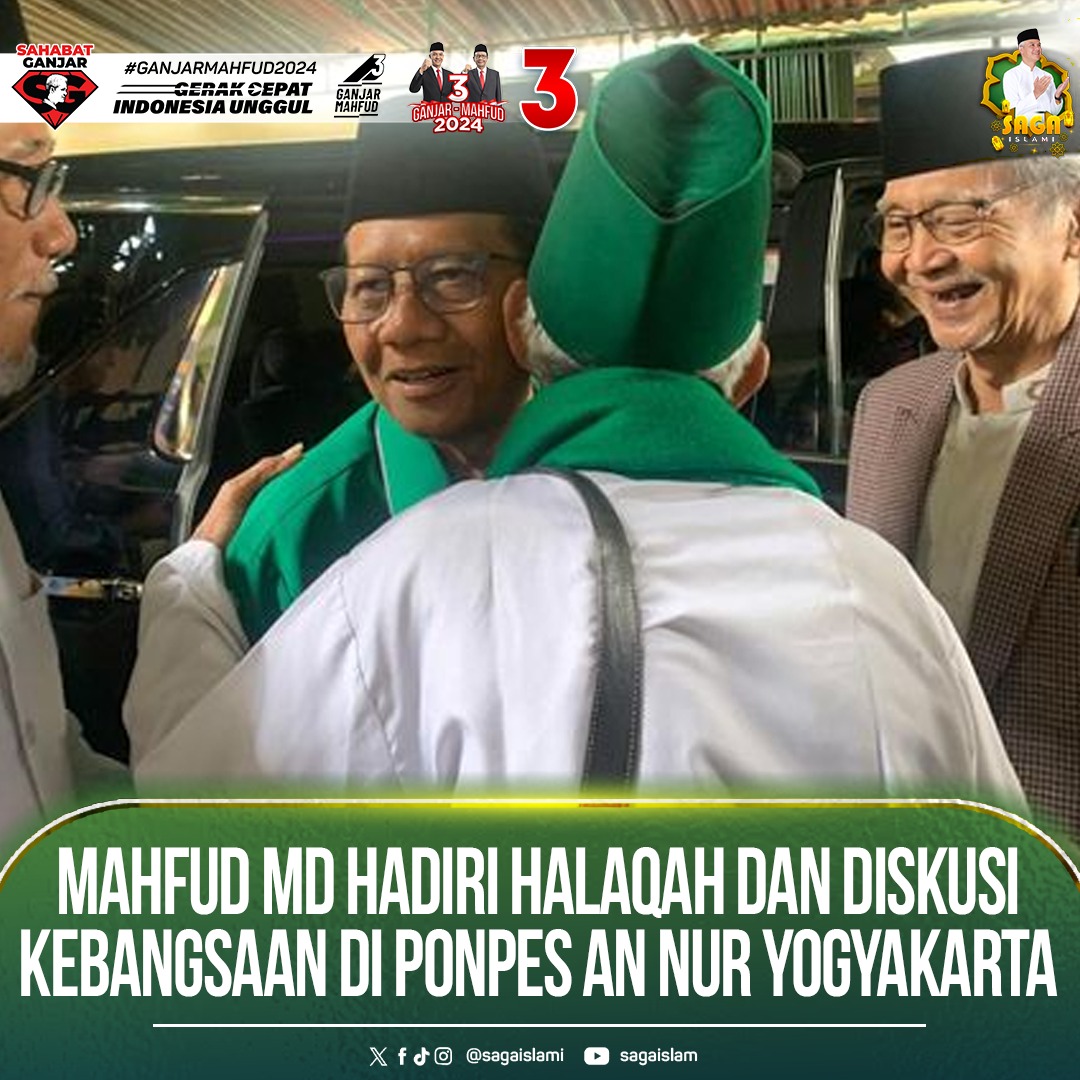 sagaislami's tweet photo. Calon Wakil Presiden Indonesia nomor urut tiga Mahfud MD menghadiri halaqoh dan dialog kebangsaan di Pondok Pesantren An Nur Ngrukem, Kabupaten Bantul, Yogyakarta. Halaqoh itu dihadiri sejumlah pengasuh pondok pesantren di Yogyakarta.

Mahfud MD tiba di Pondok Pesantren An Nur Ngrukem, Kabupaten Bantul, Yogyakarta, sekitar pukul 12.36 WIB. Mahfud tampak mengenakan baju berwarna hijau.

#SahabatGanjar #GanjarPranowo #Ganjar #GenerasiGotongRoyong #GanjarPresiden #GanjarUntukSemua #GanjarMahfud2024 #SatSet #PastiLebihBaik #SatSetLebihBaik #MahfudMD