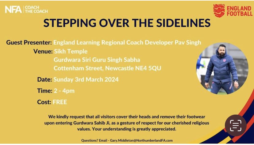 As proud Sikh 🙏🏼 & 👏to @NorthumFA @_CoachTheCoach specially Gary Middleton, looking forward to delivering this at the gurdwara with FA mentor Gurdeep & Community Champion Roshan, everyone welcome #inclusion #connectingcommunties @AnwarU01 @daldarroch @lozlok7 @Bexowl89