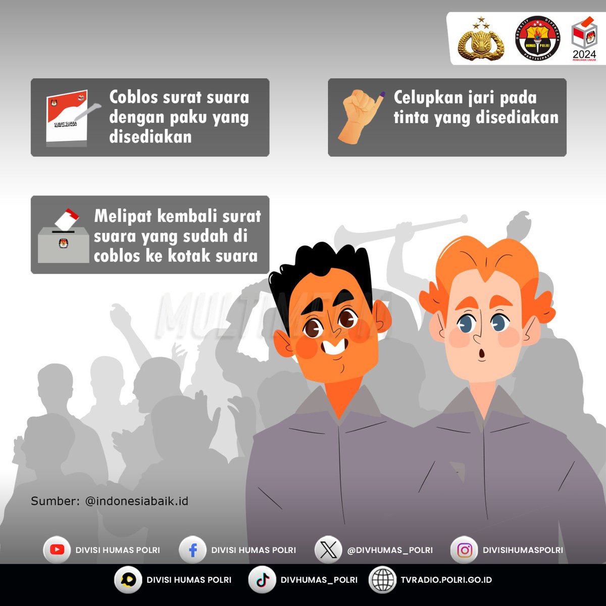 Polres_Bwi's tweet photo. Sebelum mencoblos, Sobat Polri harus mempersiapkan diri dan mengetahui apa saja yang diperlukan saat hari pemungutan tiba. Nah agar Sobat Polri tidak keliru, berikut beberapa hal yang harus diperhatikan saat ingin mencoblos. 
#SukseskanPelaksanaanPemilu 
Demokrasi Milik Bersama https://t.co/FNbmc0Trdd