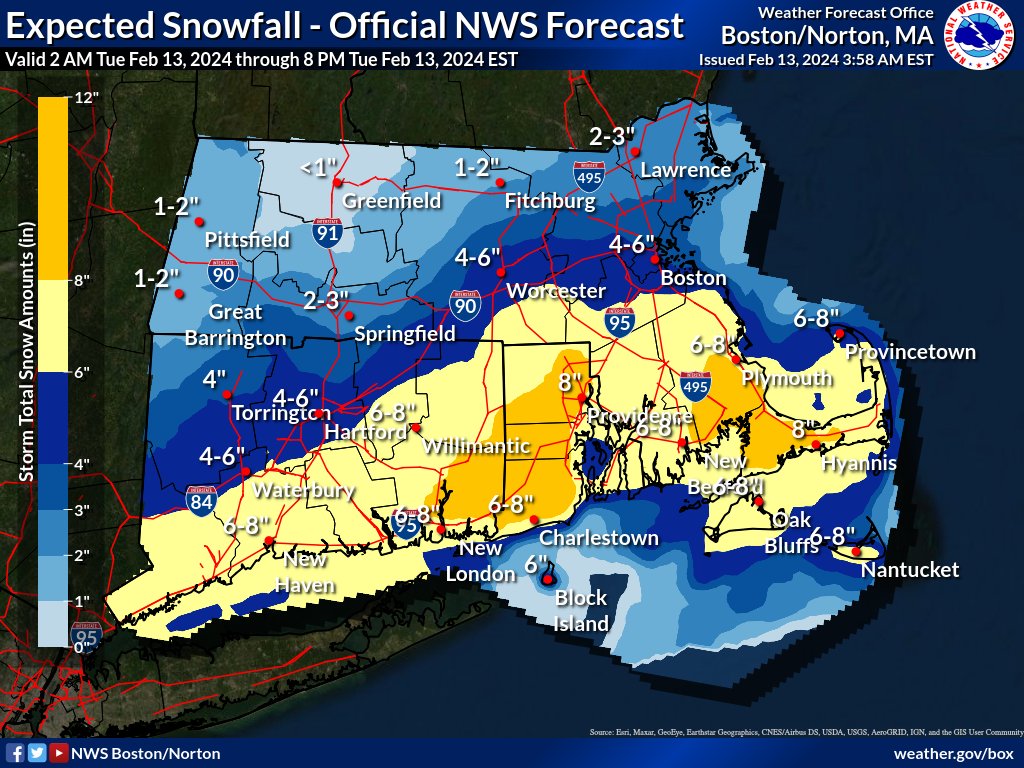 Snowfall forecast map across southern New England for February 13, 2024.