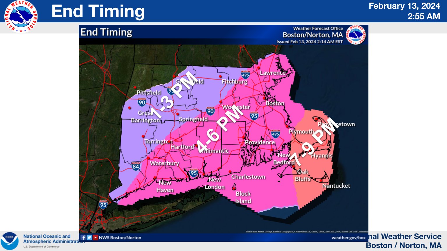 Approximate snowfall ending times across southern New England for February 13, 2024.
