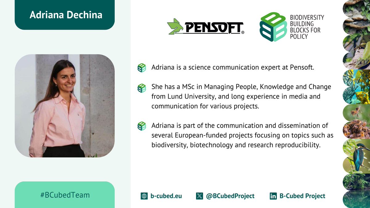 👋Closing the #BCubedTeam campaign with our latest addition to the team - Adriana 🌿

📲She is a science communication expert at @Pensoft and focuses on topics such as #biodiversity, #biotechnology and #ResearchReproducibility