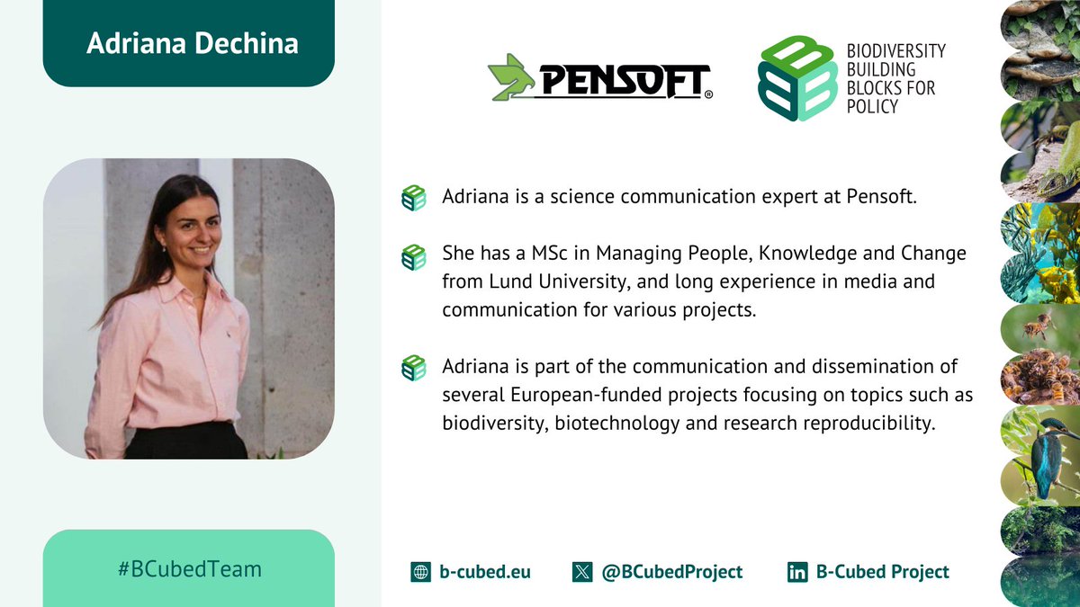 BCubedProject's tweet photo. 👋Closing the #BCubedTeam campaign with our latest addition to the team - Adriana 🌿

📲She is a science communication expert at @Pensoft and focuses on topics such as #biodiversity, #biotechnology and #ResearchReproducibility https://t.co/QFutZMty6i