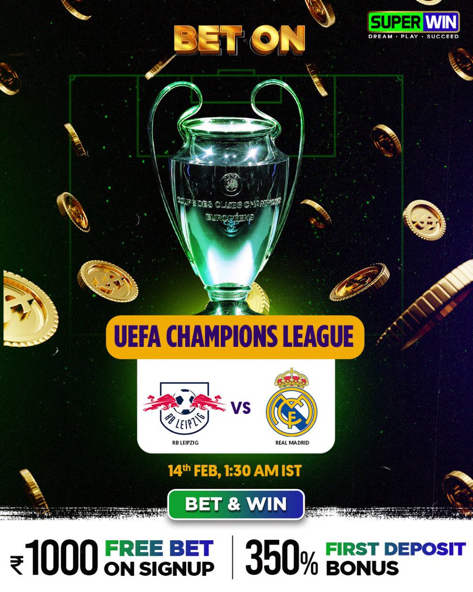 SuperwinGames's tweet photo. The return of CHAMPIONS LEAGUE football marks the start of thrilling opportunities to win big! Get ready to place your winning bets on the #UCL with https://t.co/rrmb9rG7Ej  🏆💰

Start your winning journey with a 🆓 Rs.1000 bet on signup and a 350% first deposit bonus! Register via the link in bio 🔗
.
.
.
.
#Football #ChampionsLeague #UEFAChampionsLeague #RBLRMA #RealMadrid #RPLeipzig #freeoffer #signup #WinBig #PlaytoWin #PlaySmart #PremiumSports #onlinegaming #sportsbetting #sportstrategy