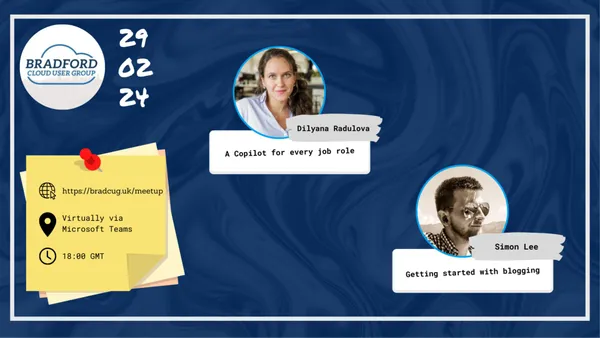 For our February virtual meetup we have 2 amazing speakers

<a href="/DilyanaRadulova/">Dilyana Radulova</a> - AI and its importance - Covering different #Microsoft #Copilot &amp; leveraging AI to boost productivity

<a href="/smoon_lee/">Simon Lee</a> - Blogging ins and outs - Live demo

meetup.com/bradford-cloud…

#community #Microsoft #AI