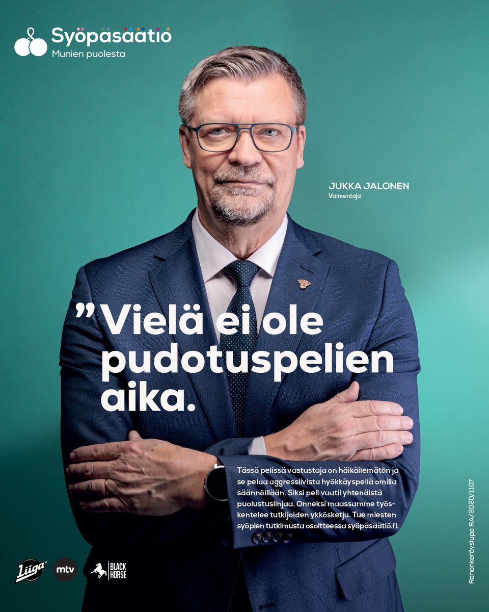 Vielä ei ole pudotuspelien aika.

Tässä pelissä vastustaja on häikäilemätön ja se pelaa aggressiivista hyökkäyspeliä omilla säännöillään. Siksi Syöpäsäätiö, Liiga ja MTV ovat yhdistäneet voimansa miesten syöpien tutkimuksen puolesta – ja joukkueeseemme mahtuu vielä! 💪

➡️ Lue