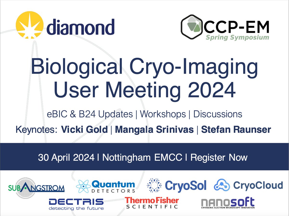 Registration for @DiamondLightSou Biological #CryoImaging (BCI) user meeting & #CCPEM Spring Symposium is now open! Join us for exciting #cryoEM updates, workshops & talks from @eBIC_Diamond & @B24Light with highlights from @the_gold_lab @mangalasrinivas @Intein 🧬#BCI2024❄️🔬