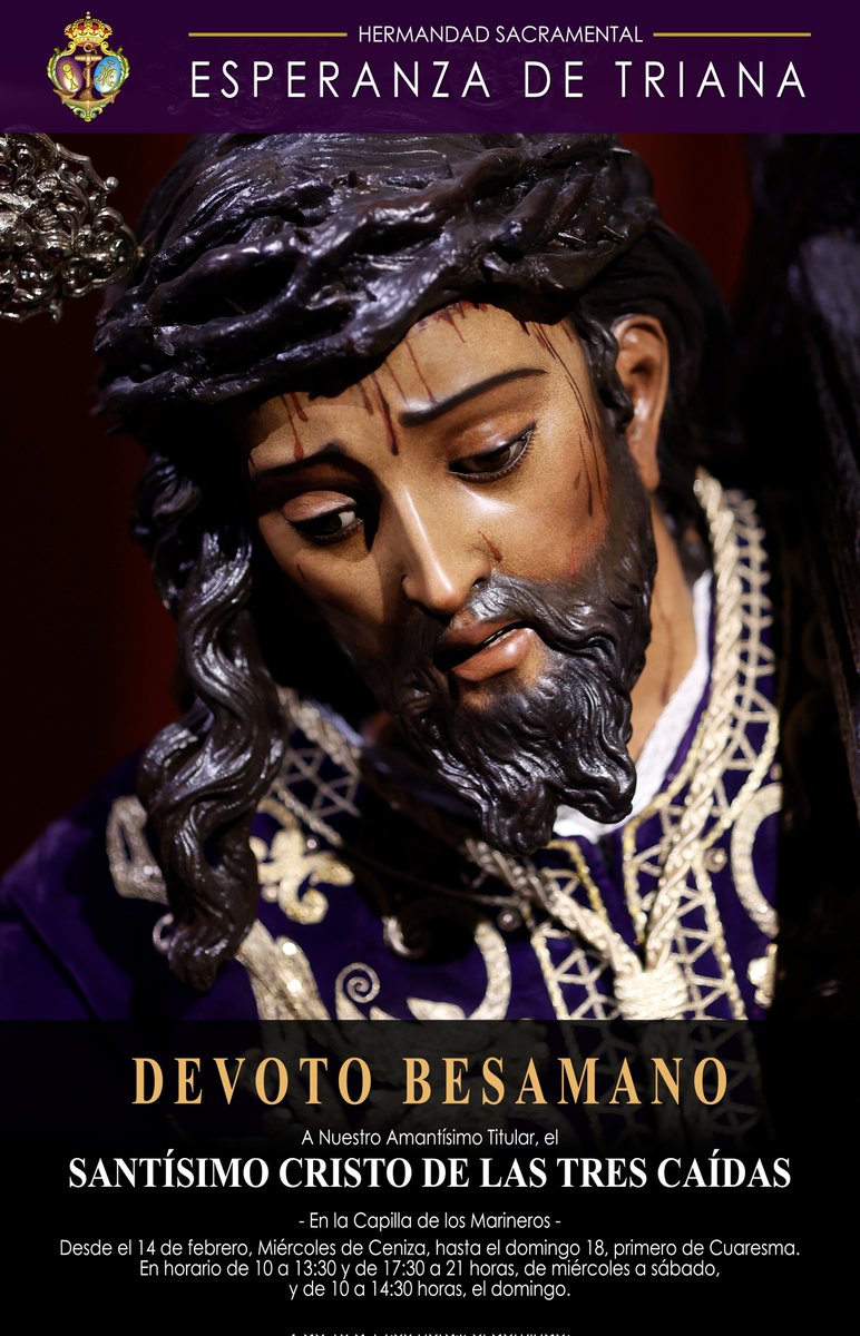 EspDeTriana's tweet photo. #CULTOS | Devoto besamano de nuestro amantísimo Titular, el Santísimo Cristo de las #TresCaídas

🗓️ Desde el 14 de febrero, Miércoles de Ceniza, al domingo 18, primero de Cuaresma.
➡️ https://t.co/bMy0p6hhxv

#EsperanzaDeTriana https://t.co/ovfphdgnNP