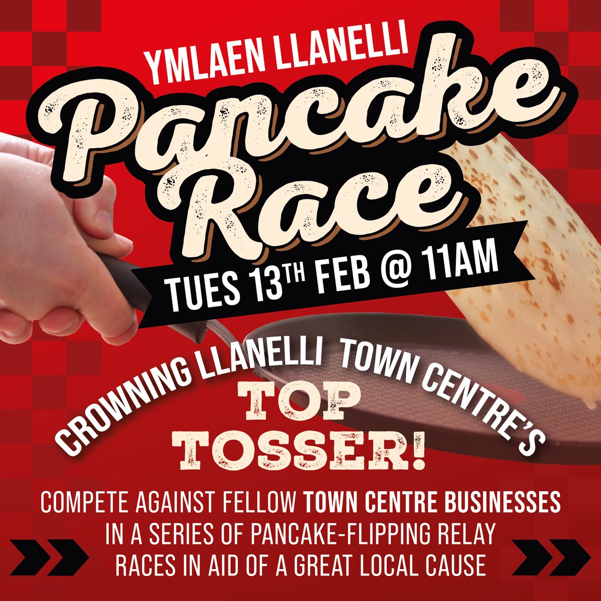 The annual Ymlaen Llanelli Pancake Race is today! Come along to Stepney Square at 11am and witness the fierce competition between our town centre businesses! Who will be this year's top tosser? And who will be an absolute flop? We'll find out in a couple of hours! 👑👀