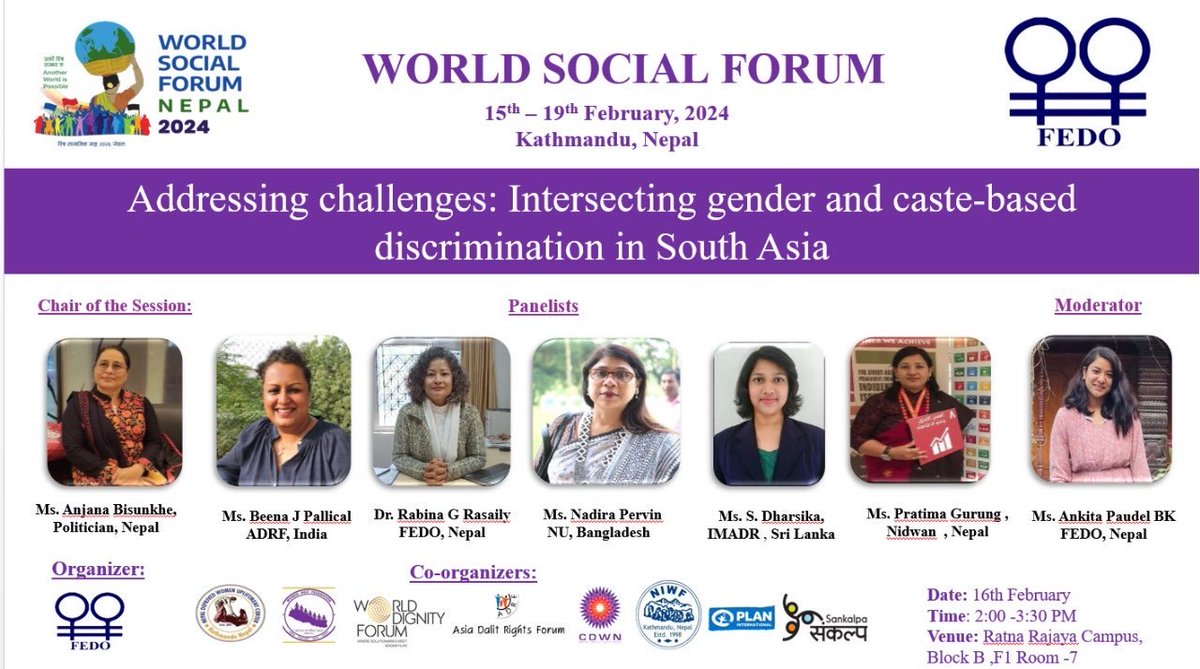 International Dalit Solidarity Network (IDSN) (@idsnupdates) on Twitter photo If you are at the <a href="/WSF2024nepal/">World Social Forum 2024 Nepal</a> do not miss this incredible line-up of Dalit women human rights defenders working for #CasteGenderJustice sharing their insights & knowledge from Nepal, India, Bangladesh & Sri-Lanka on the 16 February at 2-3:30pm NPT at Ratna Rajaya Campus If you are at the <a href="/WSF2024nepal/">World Social Forum 2024 Nepal</a> do not miss this incredible line-up of Dalit women human rights defenders working for #CasteGenderJustice sharing their insights & knowledge from Nepal, India, Bangladesh & Sri-Lanka on the 16 February at 2-3:30pm NPT at Ratna Rajaya Campus