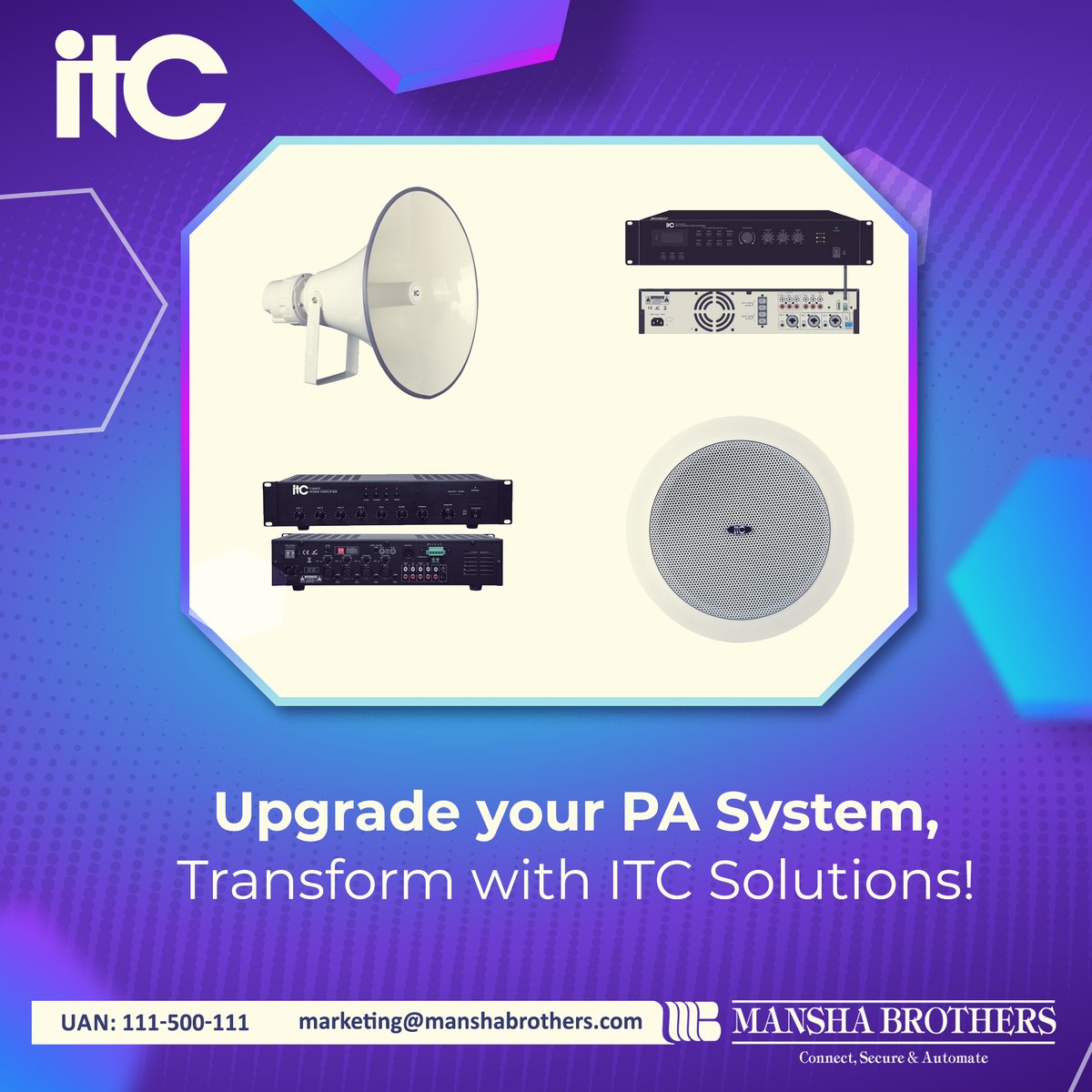 Mansha Brothers (@manshabrothers) on Twitter photo Upgrade your PA system to new heights of excellence with ITC Solutions!
For more details, contact us at:
Phone: 111-500-111 (UAN)
Email: marketing@manshabrothers.com
#ManshaBrothers #ITC #pasystem #ITCSolutions #PAUpgrade #AudioExcellence Upgrade your PA system to new heights of excellence with ITC Solutions!
For more details, contact us at:
Phone: 111-500-111 (UAN)
Email: marketing@manshabrothers.com
#ManshaBrothers #ITC #pasystem #ITCSolutions #PAUpgrade #AudioExcellence