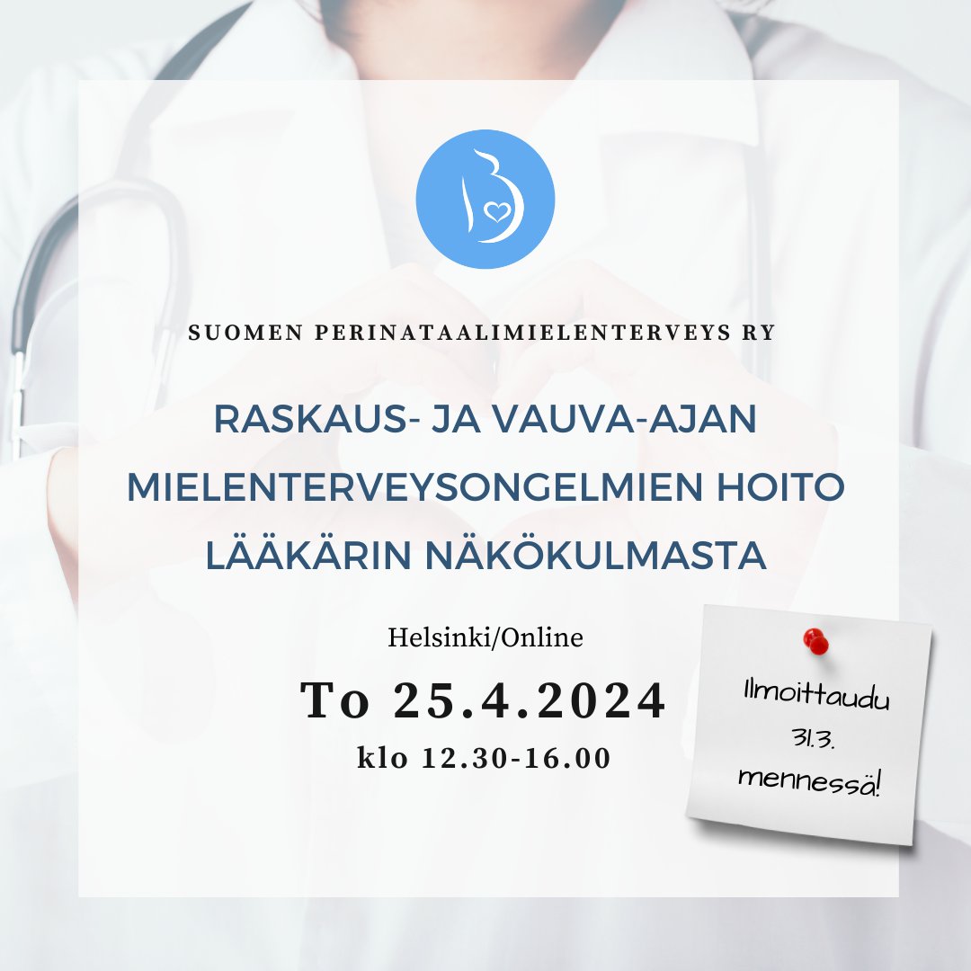 Tervetuloa seuraavaan koulutukseemme, jossa käsitellään #raskaus ja #vauva-ajan #mielenterveys'ongelmien hoitomuotoja. Tarkemmat tiedot ja ilmoittautumisohjeet: perinataalimielenterveys.fi/koulutuskalent… 
Huom! Paikan päälle mahtuu vain 30 ensiksi ilmoittautunutta! 💙
#perinataalimielenterveys