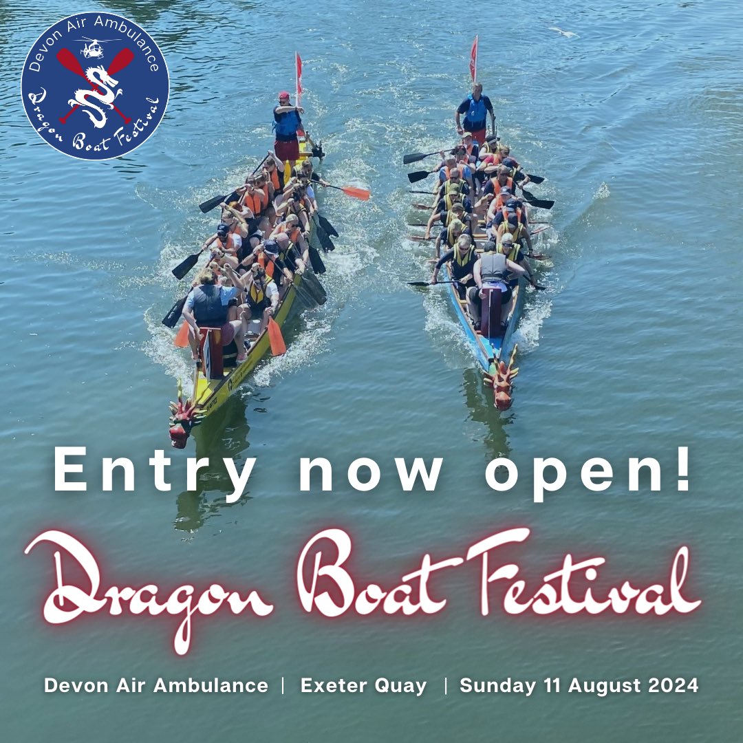 Come and join us at Exeter Quay on Sunday 11th August 2024 for a magnificent day out at our annual Dragon Boat Festival! 

This year, we are hoping to raise £20k which will help to fund 4 lifesaving missions. 

Entry is now LIVE so book your boat today - donate.givetap.co.uk/f/devon-air-am…