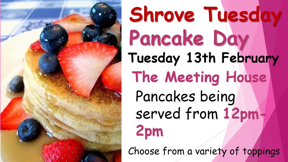 Shrove Tuesday Pancake Day Pancakes being served from 12pm- 2pm Choose from a variety of toppings​ ​ Dydd Mawrth Ynyd Dydd Crempog Crempogau yn cael eu gweini o 12yp i 2yp​ ​ Dewiswch o amrywiaeth o dopinau