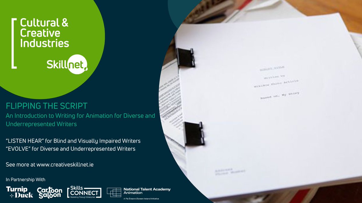 We are excited to open applications for Flipping the Script. Two introductory courses in writing for animation for blind &amp; visually impaired writers &amp; diverse &amp; underrepresented writers. See more lnkd.in/e58KvPKw Supported by
<a href="/CartoonSaloon/">Cartoon Saloon</a> <a href="/turnipandduck/">Turnip + Duck</a> <a href="/TalentAcademies/">National Talent Academies</a>