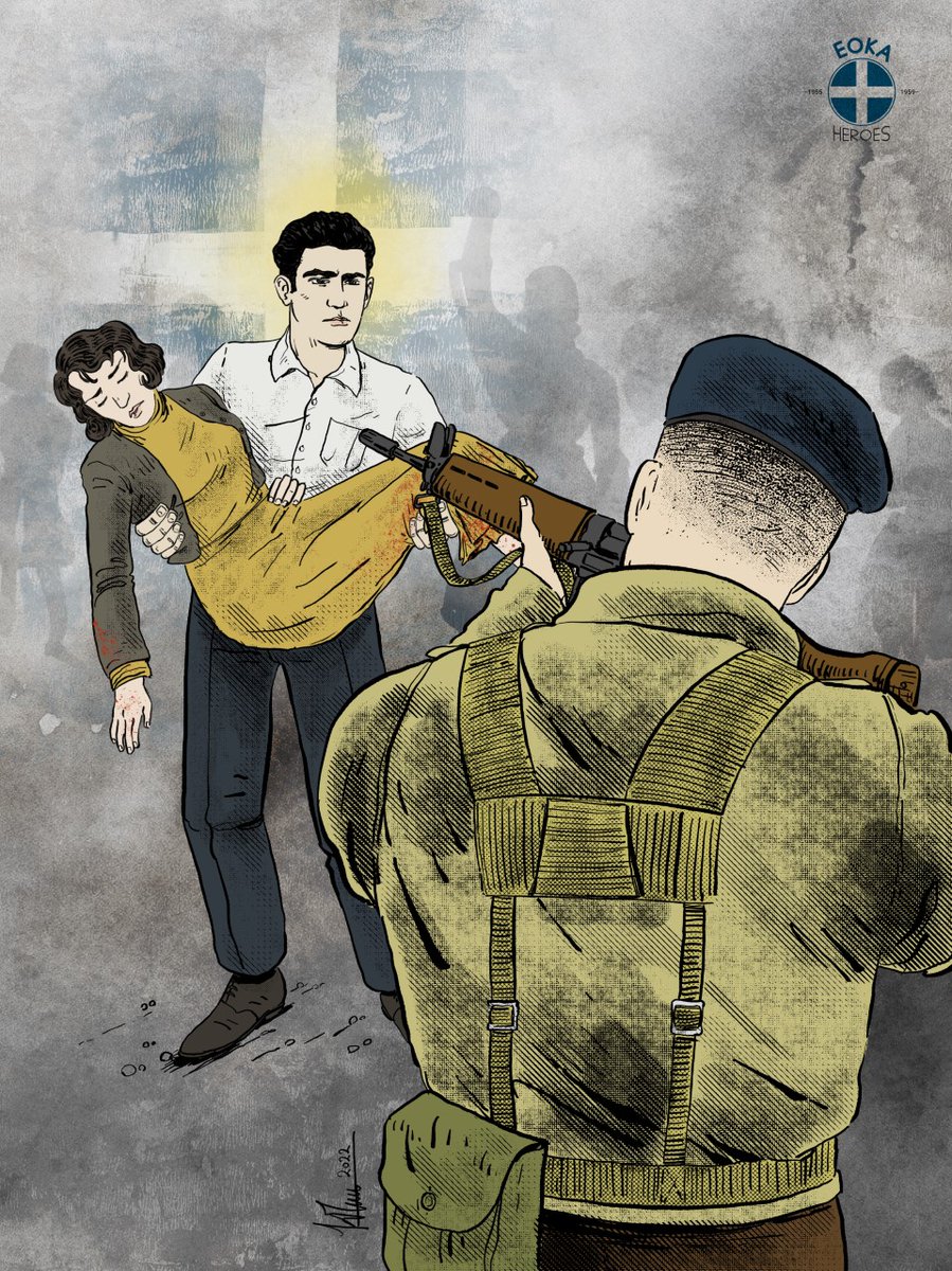 EOKAheroes's tweet photo. The #eoka hero #AndreasOnisiforou
On February 13, 1956, the residents of Kolossi clashed with the soldiers, who came and took down the Greek flag from the primary school of their village, which they had raised expecting the British to attack them.

The women attacked them in an organized manner. The soldiers were firing into the air.
Andreas threw his jacket with the insignia of the government employee in an oven, so that the British would not force him to take down the flag and he helped his eighteen-year-old competitor Eleni Filippou.

The soldiers shot Eleni in the leg, whom they had identified as leading the previous attack. Her mother, who was next to her, picked her up in her arms and her leg was hanging. Andreas rushed and grabbed her from her mothers hands. 
At that very moment they shot him from close range, hitting him in the chest.
They were both taken to a clinic in Limassol, where Eleni remained for hospitalization for which the doctor refused to take money. The inhabitants of the village went in groups and worked on the doctor’s estates, to repay his offer.

The funeral of Andreas Onisiforou took place in an atmosphere of national excitement.
Three months later he was followed to the grave by his fiancee, who immediately after his death contracted leukemia.