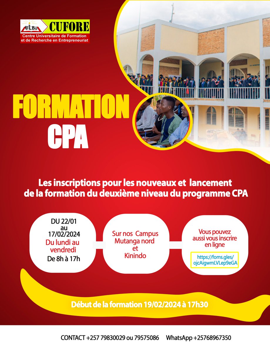 Chers comptables, ne manquez pas cette opportunité qui vous est offerte pour être certifié CPA. Ce statut vous permettra d'exercer au Burundi , dans la sous-région et partout. N.B: Vous pouvez suivre la formation en présentiel ou en ligne et à distance. Faites vous inscrire