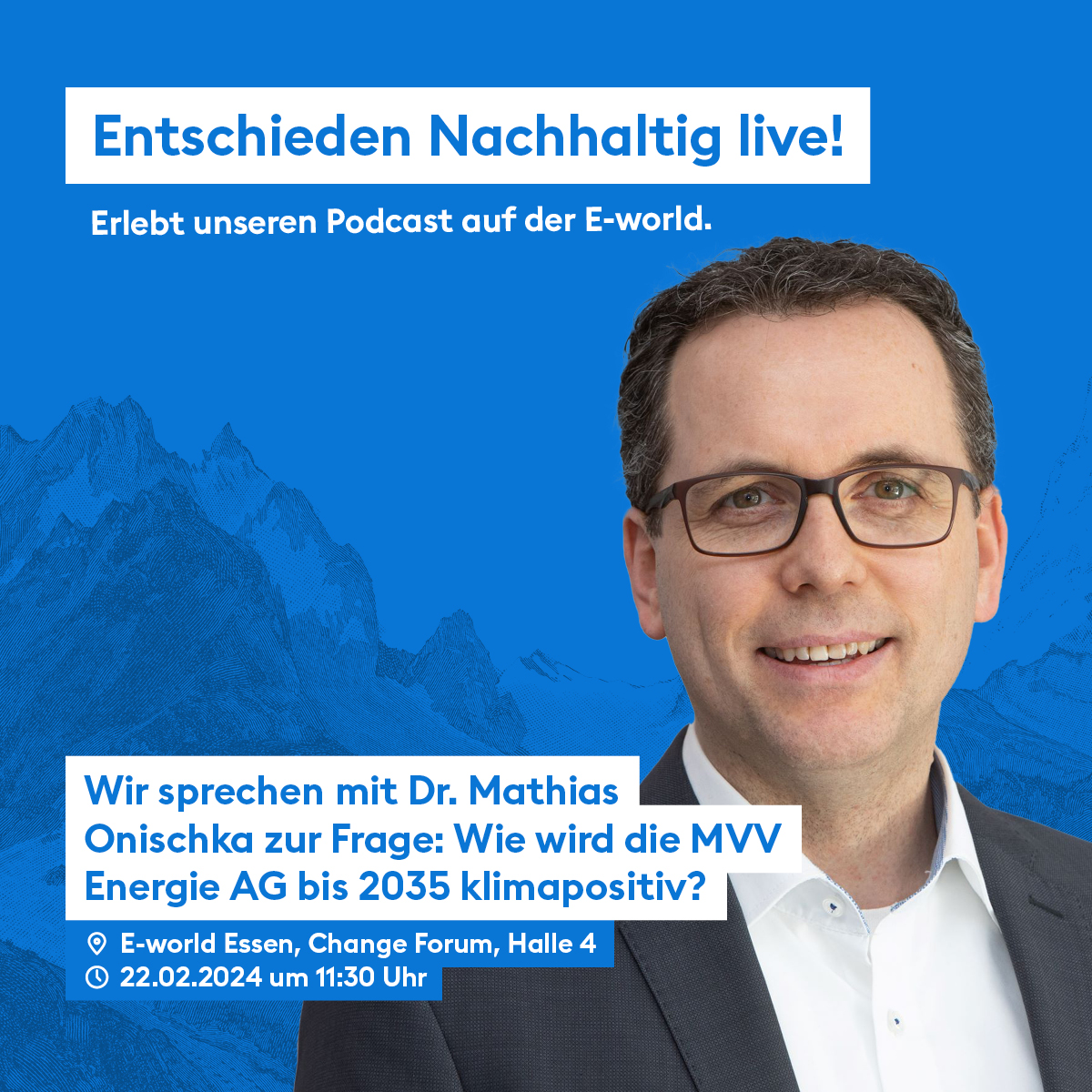 Besucht unseren Live-Podcast von 'Entschieden Nachhaltig' auf der @EworldEssen! 🎙️ Wir sprechen mit Dr. Mathias Onischka darüber, wie die MVV Energie AG als eines der ersten Energieunternehmen in Deutschland bis 2035 klimapositiv werden will.💡 Mehr hier: community.e-world-essen.com/events/change-…