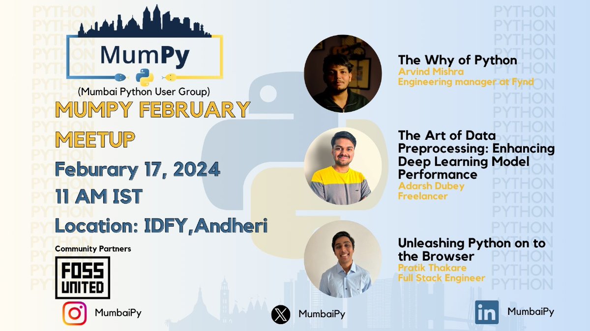 MumbaiPy's tweet photo. Here are the speaker📢 for our February Meet-up💯 if you have not RSVP'ed yet do it soon here is the link➡️ https://t.co/8BzotLfYOf

#MumPy #MumbaiPython #Python #PyMumbai https://t.co/uyacEhkDYn