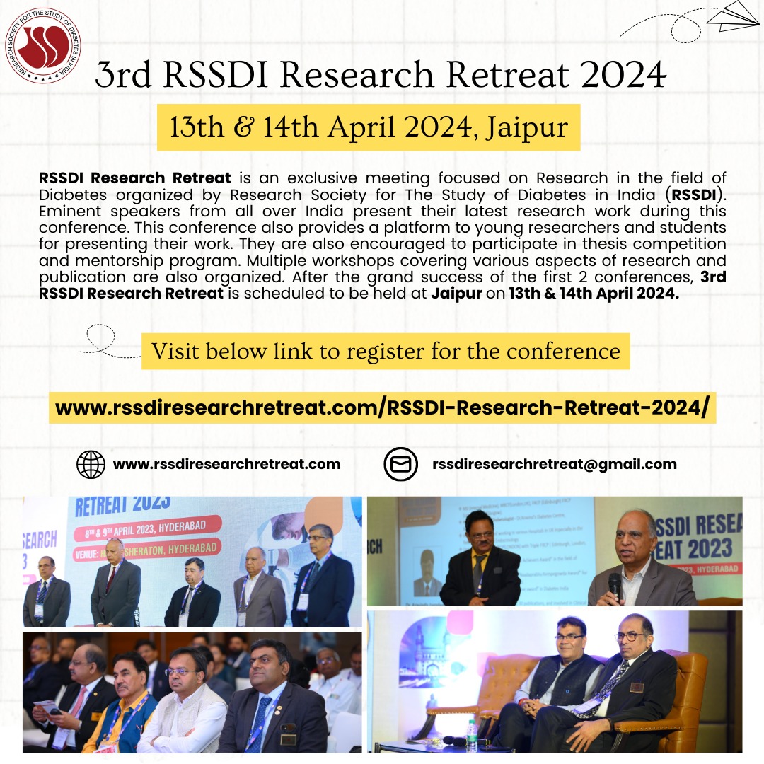 RSSDI Research Retreat is an exclusive meeting focused on Research in the field of #Diabetes organized by Research Society for The Study of Diabetes in India (#RSSDI). 🔗 Link to register for the conference- rssdiresearchretreat.com/RSSDI-Research… #research #ResearchStudy #diabetesawareness