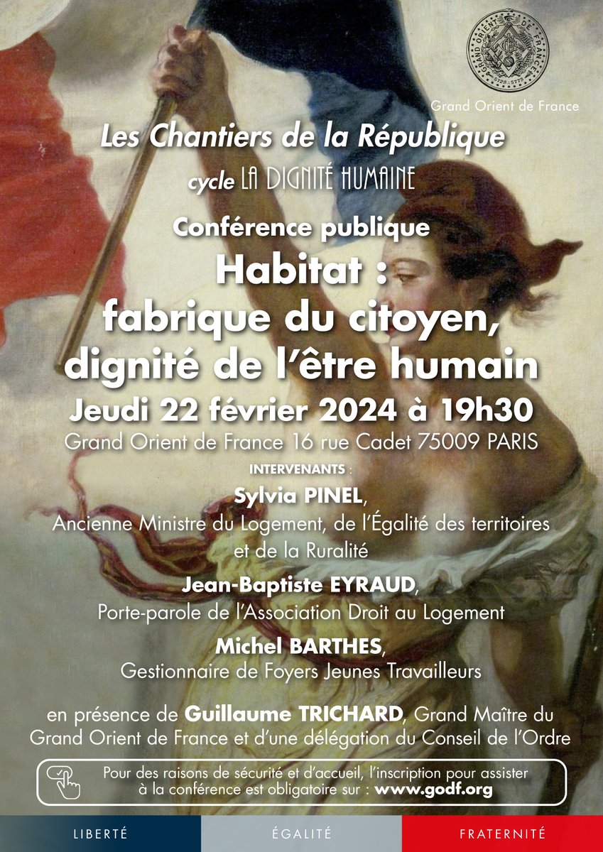 GODF (Officiel) (@godfofficiel) on Twitter photo Habitat : fabrique du citoyen, dignité de l’être humain.
Conférence publique jeudi 22 février 2024 à 19h30 à Paris.
En présence de Guillaume <a href="/Trichard/">Guillaume TRICHARD</a>, Grand Maître du Grand Orient de France et d’une délégation du Conseil de l’Ordre.
➡️bit.ly/3Uv8zWj Habitat : fabrique du citoyen, dignité de l’être humain.
Conférence publique jeudi 22 février 2024 à 19h30 à Paris.
En présence de Guillaume <a href="/Trichard/">Guillaume TRICHARD</a>, Grand Maître du Grand Orient de France et d’une délégation du Conseil de l’Ordre.
➡️bit.ly/3Uv8zWj