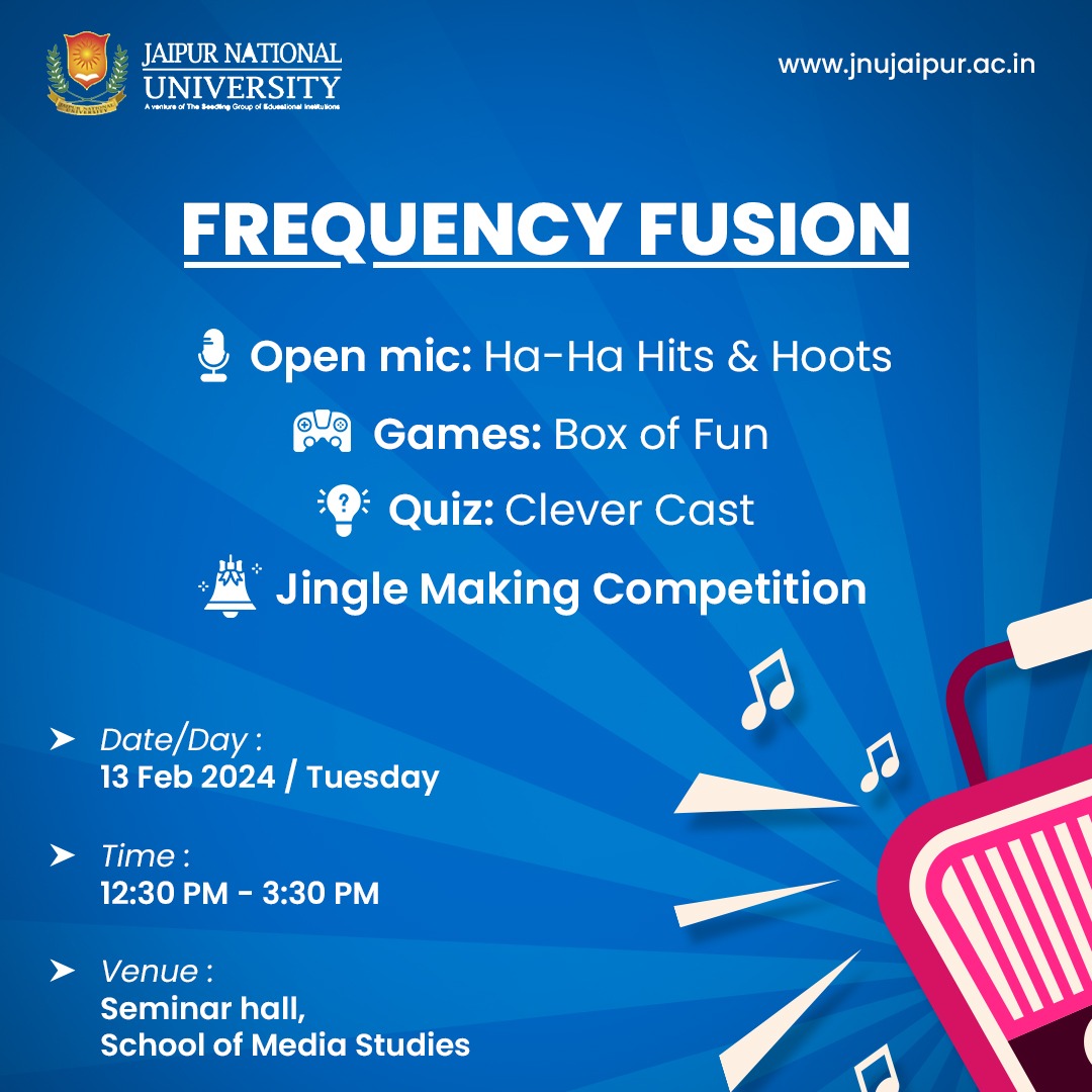 JAIPURJNU's tweet photo. Radio is the most popular edutainment medium the world has seen. This World Radio Day, join us at JNU Frequency Fusion to spend the day jingling with rhythm.
#MediaStudies #RadioDay # WorldRadioDay #100YearsOfRadio #Openmic #Jingle #Quiz #Games #JNUJaipur https://t.co/LuLCmaJtnE