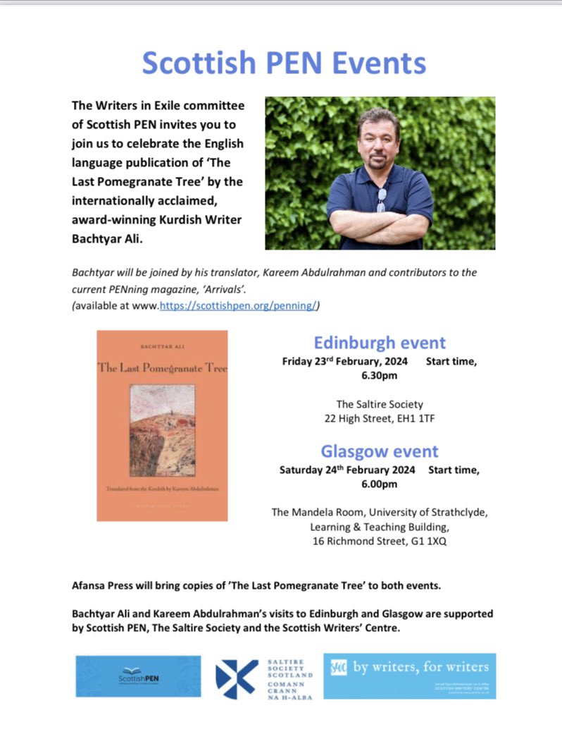 <a href="/ScottishPEN/">Scottish PEN</a> is delighted to be welcoming Kurdish writer, Bachtyar Ali,  &amp; translator, Kareem Abdulrahman, to Scotland, with valued support from <a href="/ScottishWriters/">ScottishWriters</a> &amp; <a href="/Saltire_Society/">SALTIRE SOCIETY</a>