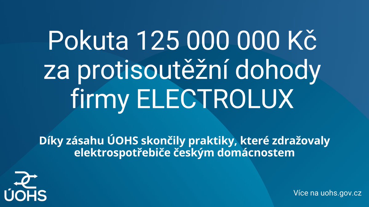 Úřad uložil rekordní pokutu 125 milionů korun za protisoutěžní jednání společnosti ELECTROLUX, Společnost dlouhodobě omezovala cenovou soutěž mezi maloobchodními prodejci, když jim zabraňovala, aby spotřebitelům poskytovali vyšší slevy. 💵📈uohs.cz/cs/informacni-…