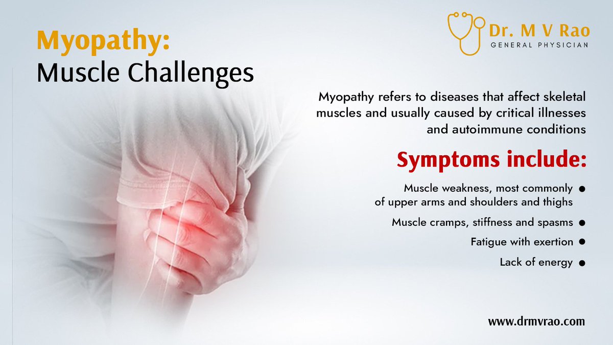 Myopathy is a general term describing diseases of the muscle in which the muscle fibers do not function properly, leading to muscular weakness, cramps, stiffness, and spasms. 

#drmvrao #generalphysician #myopathy #diseaseofmuscle #muscle #muscularweakness #musclecramps