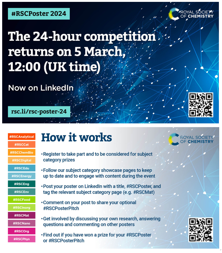 The 24 hour #RSCPoster competition returns on 5 March. See links to register and take part. A great chance to disseminate your research widely.