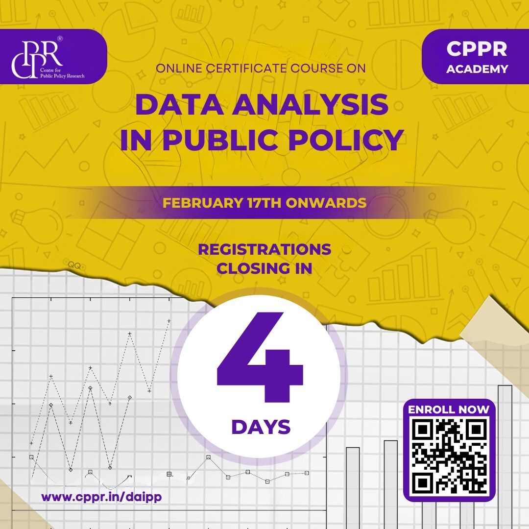 Only 4 days left!

Join #CPPRAcademy's online certificate course on '#DataAnalysis in #PublicPolicy' and learn the art of #research #planning, its significance and how to measure concepts derived from it.

#Course starts on February 17, 2024.
Register Now!
cppr.in/daipp
