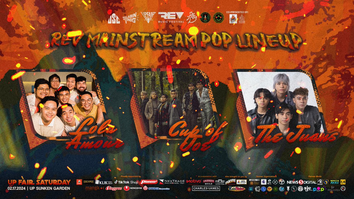 Last but not the least, REV 2024’s MAINSTREAM POP! 🧡✔️

Kumpleto na ang ating lineup para sa mainstream pop at excited na kami so much! 🥹

Puwede Ba namin kayo makasama? Feel ko talaga Pinagtagpo at Itinadhana tayo eh. 😗 ‘Di papansinin ang ingay sa tabi at sa’yo lang ang