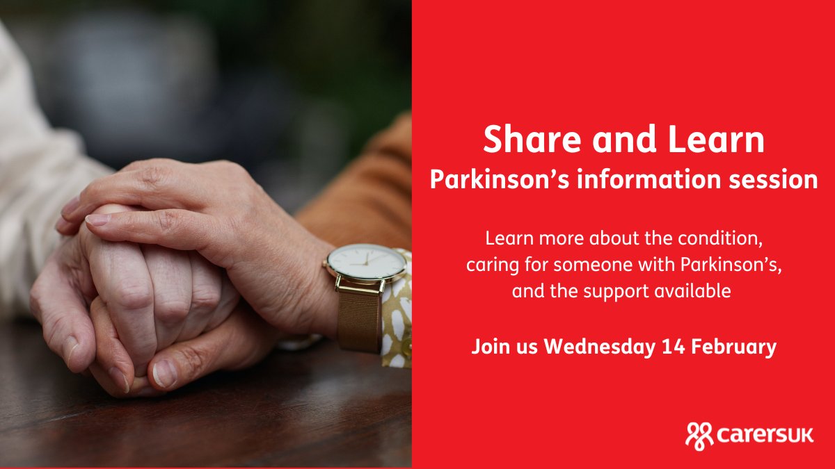 Caring for someone with Parkinson's?

Join our information session with <a href="/parkinsonsUK/">Parkinson's UK</a> to learn more about the condition, caring for someone with Parkinson's, the support available, and ask questions.

Join us online on Wednesday 14 February, 2-3pm:
carersuk.org/help-and-advic…